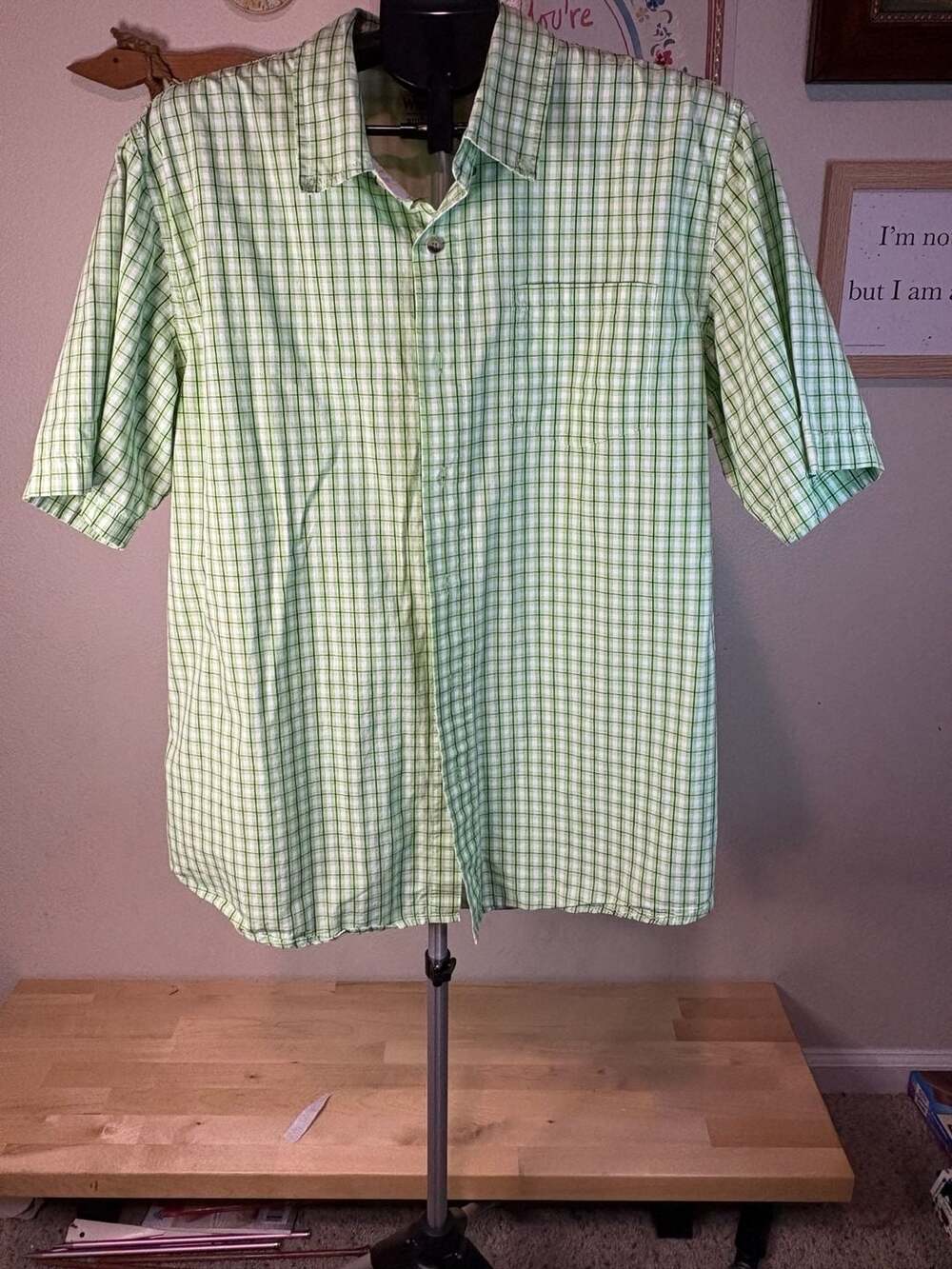 Wrangler Authentics Men's Large Green Plaid 100% Cotton Short Sleeve Button Down
